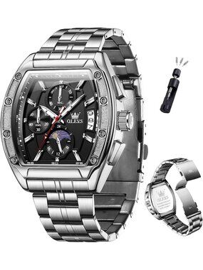 Men's Silver Chronograph Rectangle Stainless Steel Luminous Quartz Classic Watch